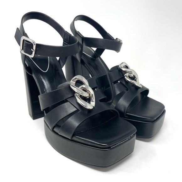 NEW Zara Black Chain Detail Chunky High Heel Platform Sandals Size 38 - Picture 5 of 10